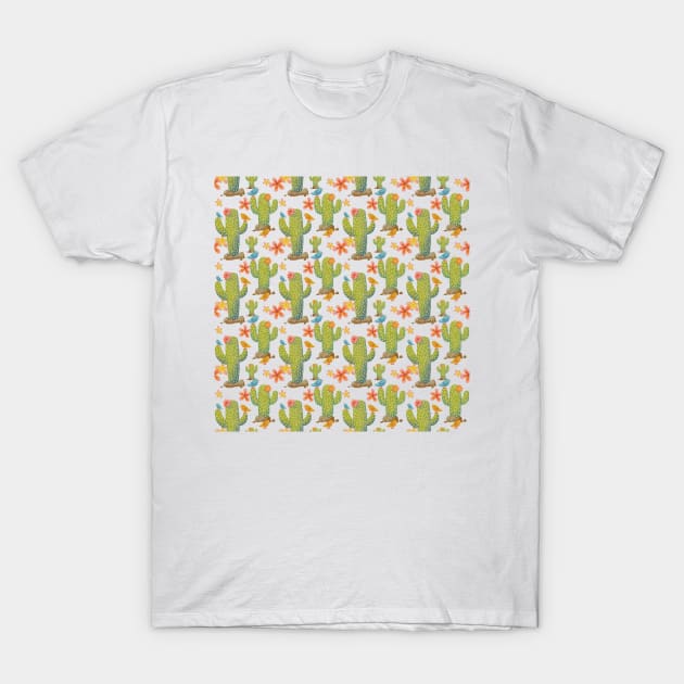 Cactus and Bird Pattern T-Shirt by MollyFergusonArt